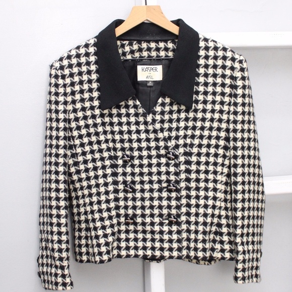 Kasper For ASL Black White Cropped Houndstooth Double Breasted Blazer Size 14​ - Picture 1 of 6